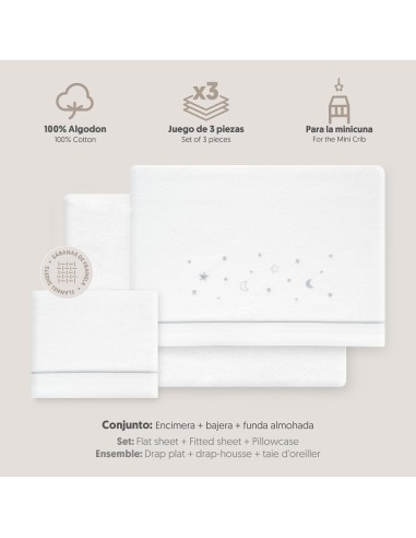 2x1 Juego de sábanas minicuna franela estrellas luna bco/gris
