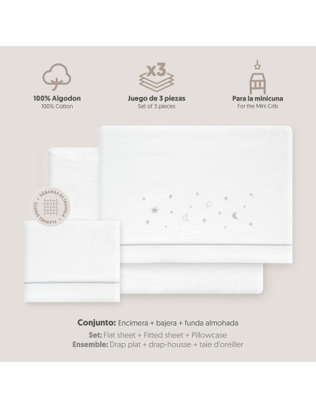 2x1 Juego de sábanas minicuna franela estrellas luna bco/gris