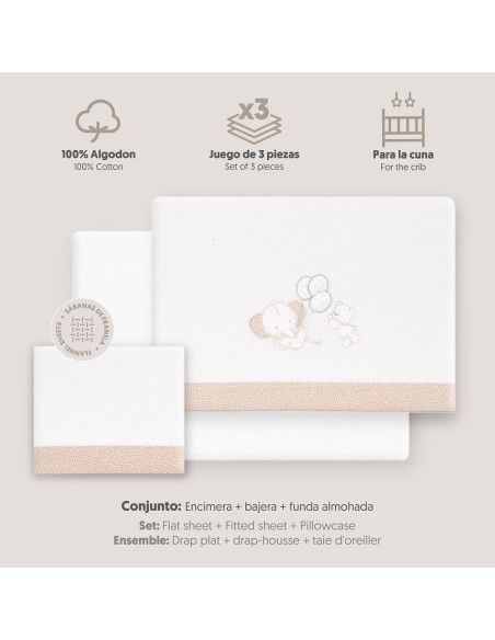 2x1 Juego de sábanas cuna franela oso elefante globos bco/beig