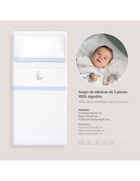 2x1 Juego de sábanas cuna franela estampado oso luna estrellas bco/azul