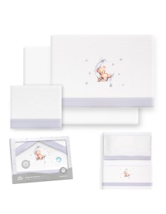 2x1 Juego de sábanas minicuna franela estampado oso luna estrellas bco/gris