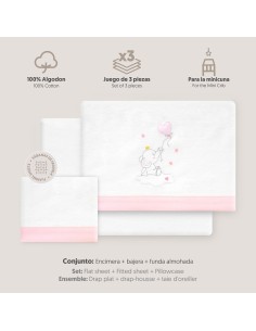2x1 Juego de sábanas minicuna franela elefante globo corazon bco/rosa 2