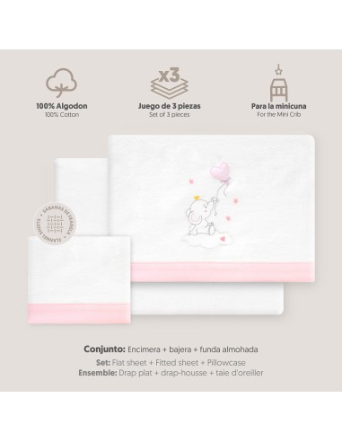 2x1 Juego de sábanas minicuna franela elefante globo corazon bco/rosa