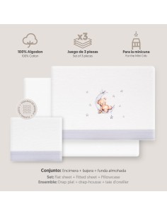 2x1 Juego de sábanas minicuna franela estampado oso luna estrellas bco/gris 2