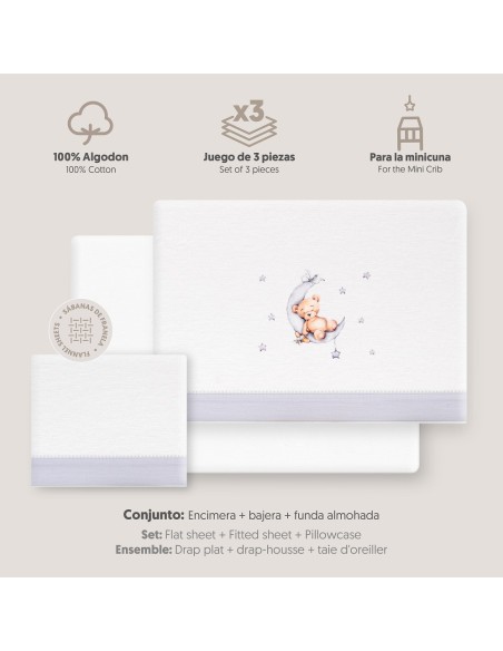 2x1 Juego de sábanas minicuna franela estampado oso luna estrellas bco/gris