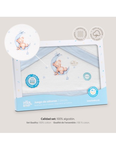 2x1 Juego de sábanas cuna franela estampado oso luna estrellas bco/azul