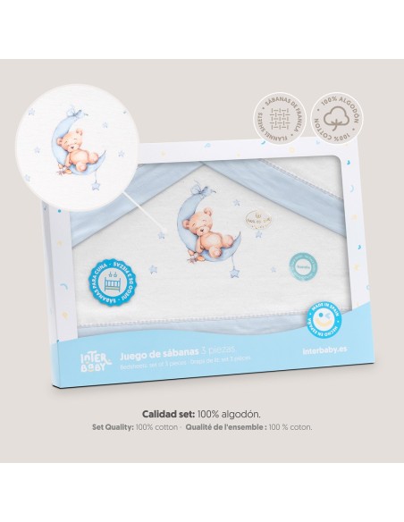 2x1 Juego de sábanas cuna franela estampado oso luna estrellas bco/azul