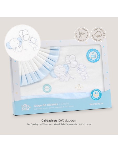 2x1 Juego de sábanas cuna franela oso elefante globos bco/azul