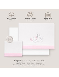2x1 Juego de sábanas cuna franela oso elefante globos bco/rosa 2
