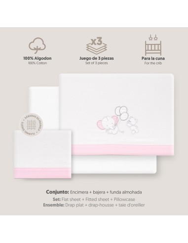 2x1 Juego de sábanas cuna franela oso elefante globos bco/rosa
