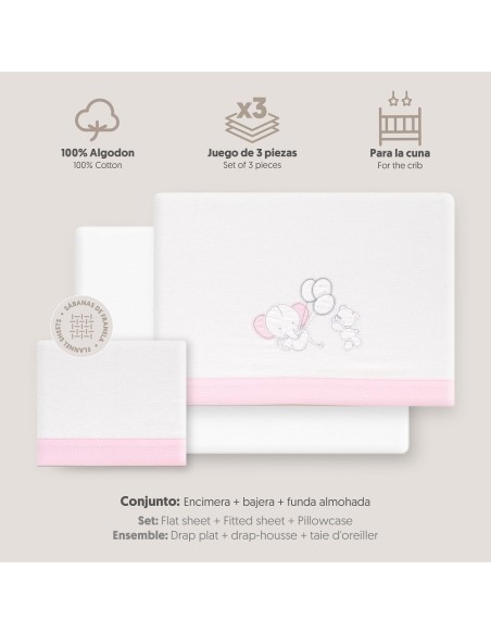2x1 Juego de sábanas cuna franela oso elefante globos bco/rosa