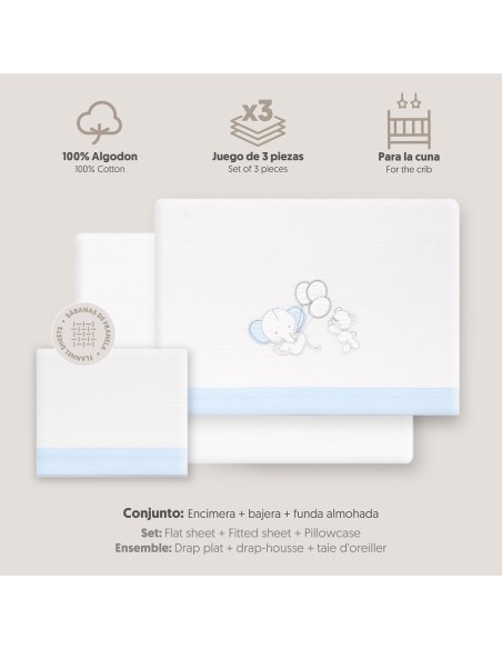 2x1 Juego de sábanas cuna franela oso elefante globos bco/azul