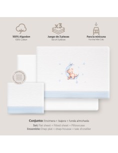 2x1 Juego de sábanas minicuna franela estampado oso luna estrellas bco/azul 2