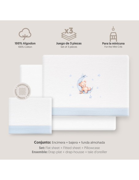 2x1 Juego de sábanas minicuna franela estampado oso luna estrellas bco/azul