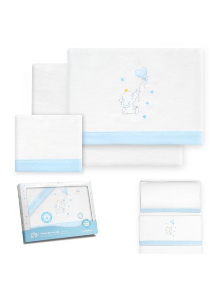 2x1 Juego de sábanas minicuna franela elefante globo corazon bco/azul