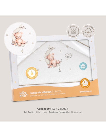 2x1 Juego de sábanas minicuna franela estampado oso luna estrellas bco/verde