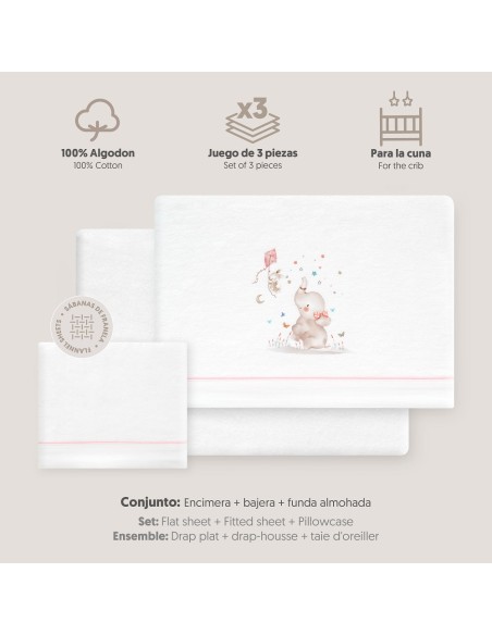 2x1 Juego de sábanas cuna franela  mod elefante bco/rosa