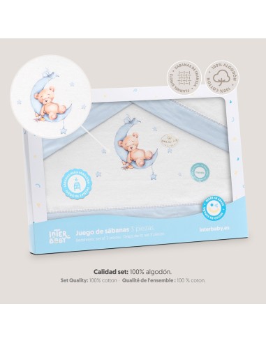 2x1 Juego de sábanas minicuna franela estampado oso luna estrellas bco/azul