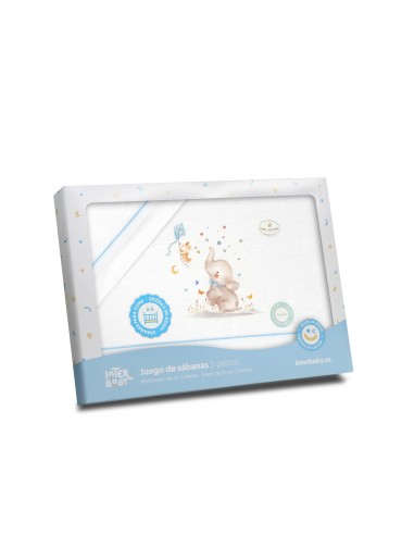 2x1 Juego de sábanas minicuna franela  mod elefante bco/azul