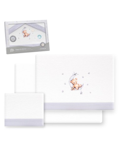 2x1 Juego de sábanas cuna franela estampado oso luna estrellas bco/gris