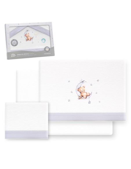 2x1 Juego de sábanas cuna franela estampado oso luna estrellas bco/gris