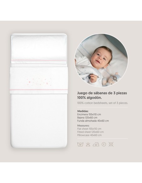 2x1 Juego de sábanas cuna franela estrellas luna bco/rosa