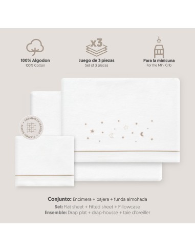 2x1 Juego de sábanas minicuna franela estrellas luna bco/beig