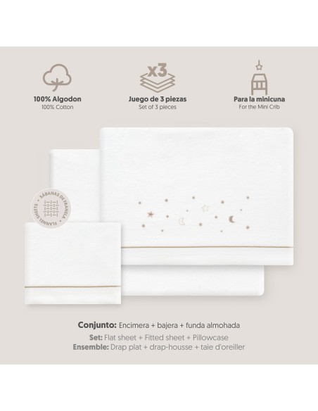 2x1 Juego de sábanas minicuna franela estrellas luna bco/beig
