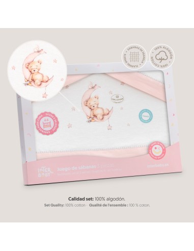 2x1 Juego de sábanas cuna franela estampado oso luna estrellas bco/rosa