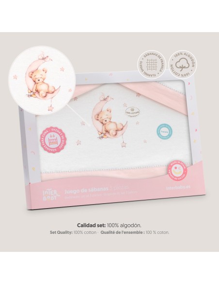 2x1 Juego de sábanas cuna franela estampado oso luna estrellas bco/rosa