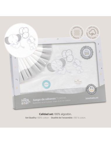2x1 Juego de sábanas cuna franela oso elefante globos bco/gris