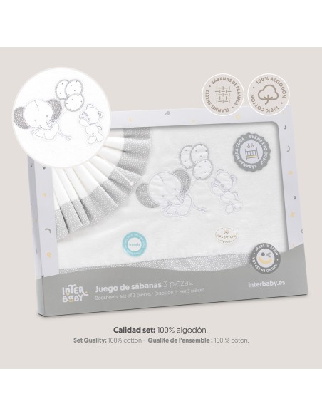 2x1 Juego de sábanas cuna franela oso elefante globos bco/gris