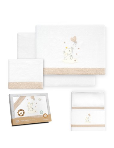 2x1 Juego de sábanas minicuna franela elefante globo corazon bco/beig