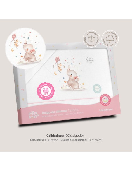 2x1 Juego de sábanas cuna franela  mod elefante bco/rosa