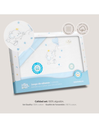 2x1 Juego de sábanas cuna franela elefante globo corazon bco/azul