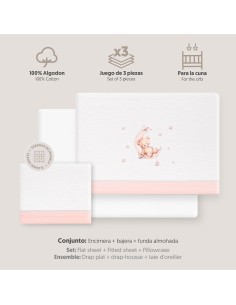 2x1 Juego de sábanas cuna franela estampado oso luna estrellas bco/rosa 2