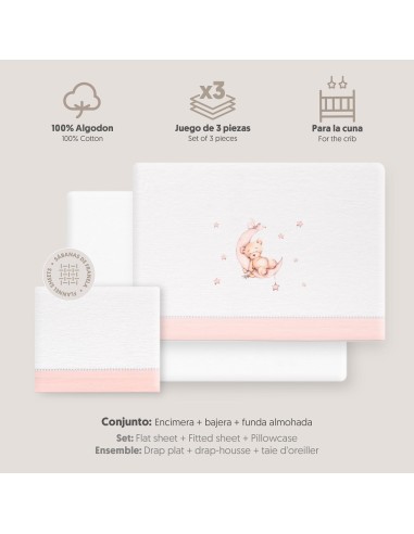 2x1 Juego de sábanas cuna franela estampado oso luna estrellas bco/rosa