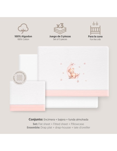 2x1 Juego de sábanas cuna franela estampado oso luna estrellas bco/rosa