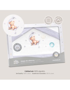 2x1 Juego de sábanas cuna franela estampado oso luna estrellas bco/gris 2