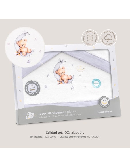 2x1 Juego de sábanas cuna franela estampado oso luna estrellas bco/gris