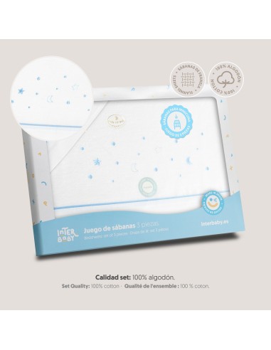 2x1 Juego de sábanas minicuna franela estrellas luna bco/azul