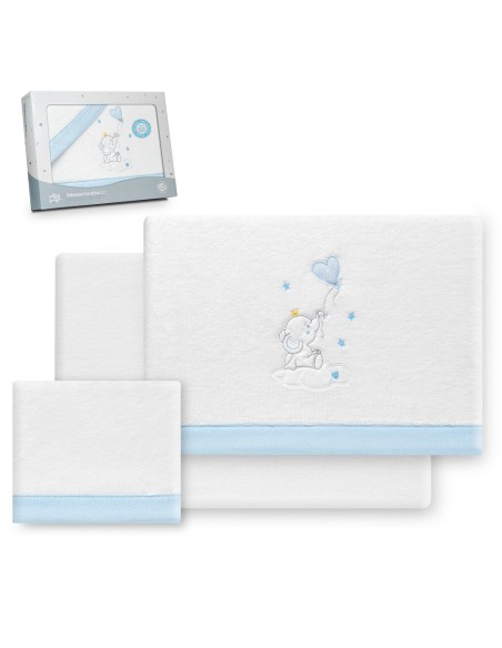 2x1 Juego de sábanas cuna coralina elefante globo corazon bco/azul