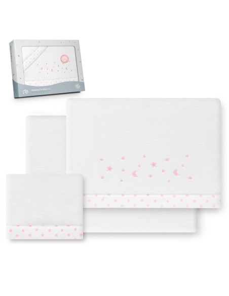 2x1 Juego de sábanas cuna coralina estrella luna bco/rosa
