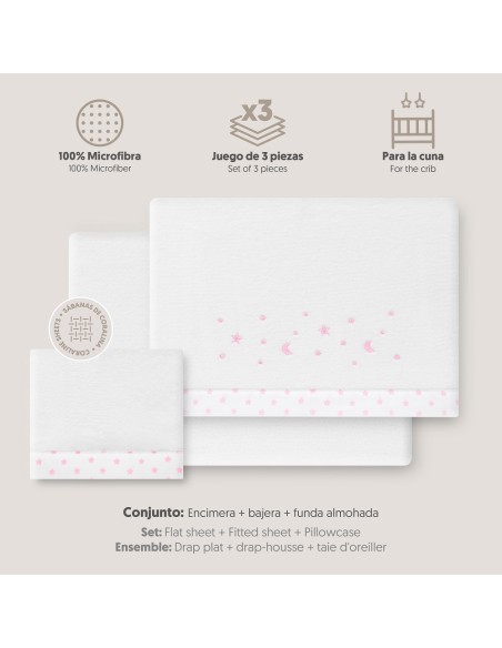 2x1 Juego de sábanas cuna coralina estrella luna bco/rosa