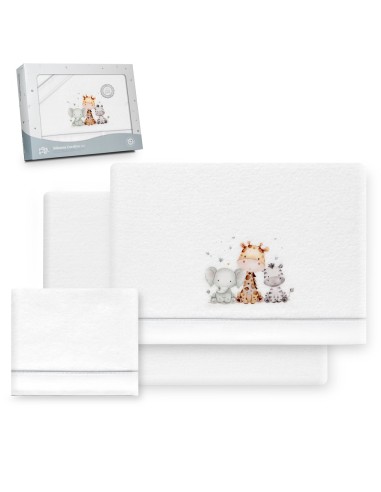 2x1 Juego de sábanas cuna coralina estampado jirafa elefante bco/gris