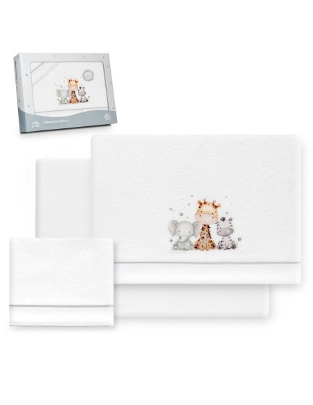 2x1 Juego de sábanas cuna coralina estampado jirafa elefante bco/gris