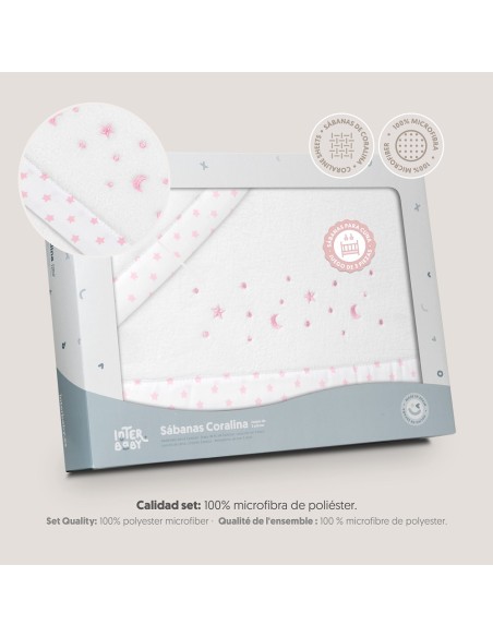2x1 Juego de sábanas cuna coralina estrella luna bco/rosa