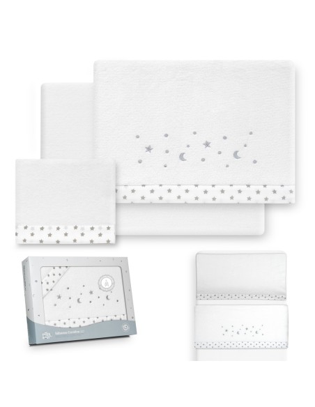2x1 Juego de sábanas minicuna coralina estrellas luna bco/gris