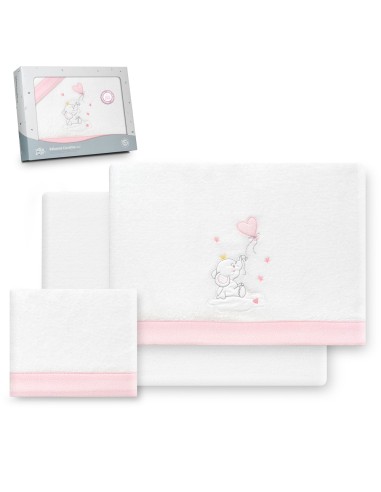 2x1 Juego de sábanas cuna coralina elefante globo corazon bco/rosa