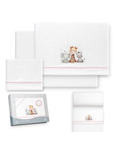 2x1 Juego de sábanas minicuna coralina estampado jirafa elefante bco/rosa